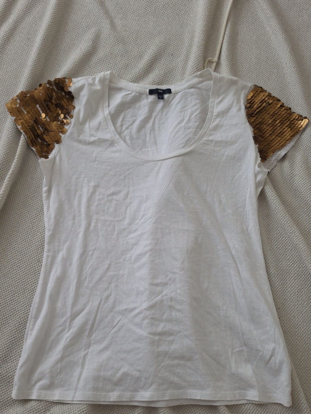 GAP White Scoop Neck Tee with Gold Sequin Cap Sleeves